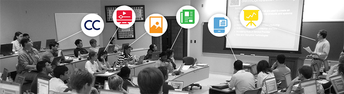 Students in a classroom. Accessibility icons in different colors.